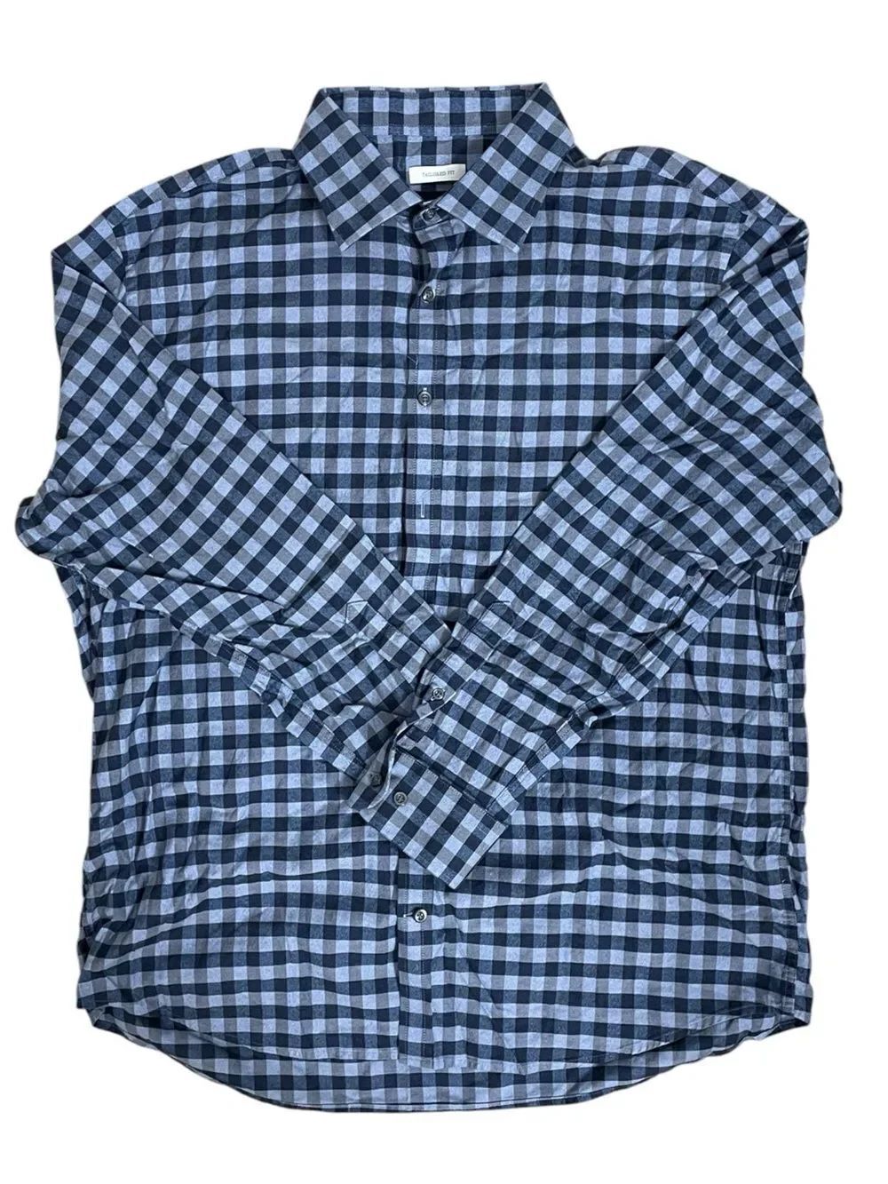 Jos A Bank Shirt XL Blue Check Button Down Tailored Fit Cotton Stretch